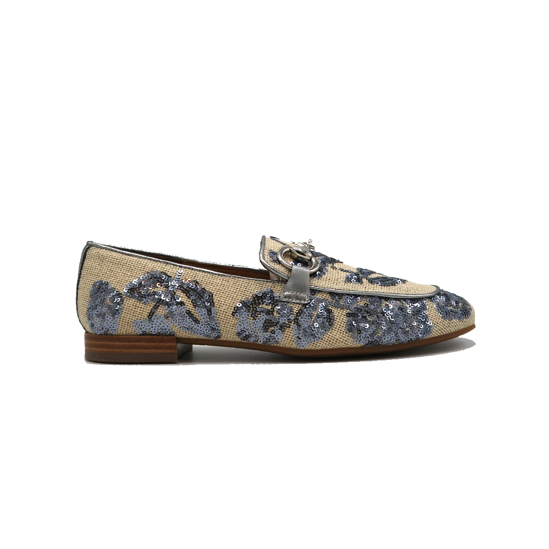 Pedro Miralles loafer naturel met blauw grijze pailetten