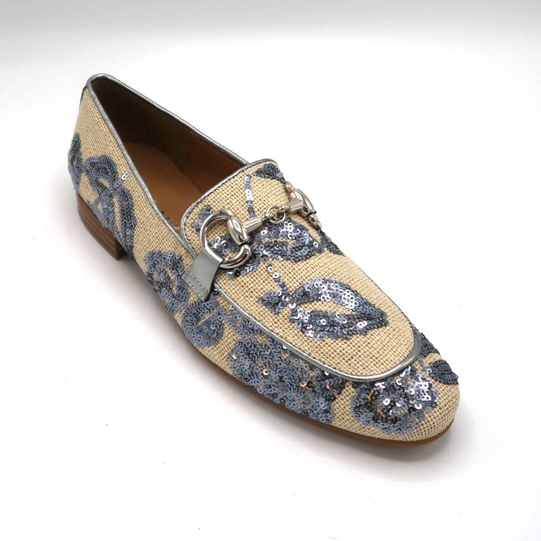 Pedro Miralles loafer naturel met blauw grijze pailetten