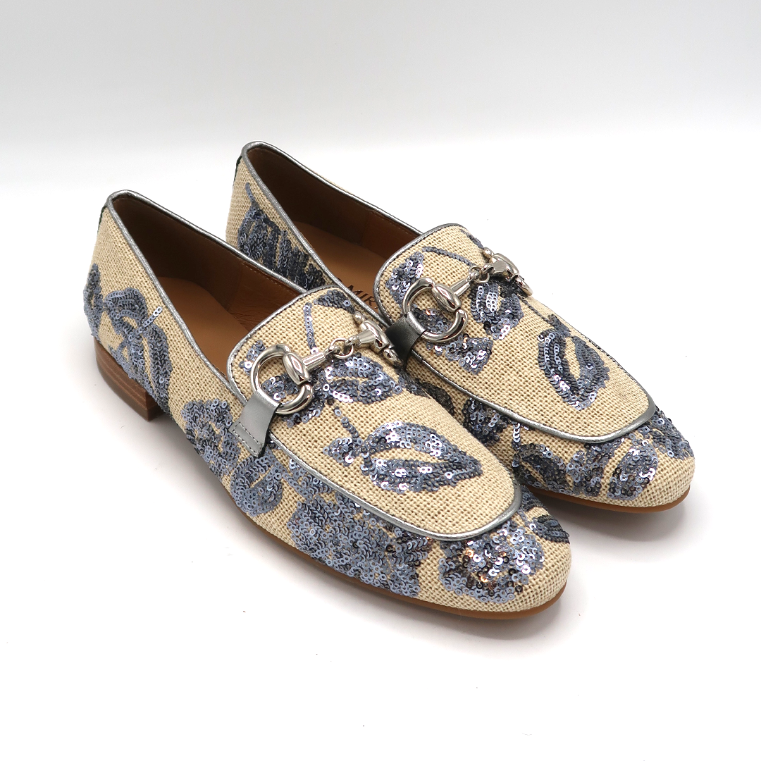 Pedro Miralles loafer naturel met blauw grijze pailetten